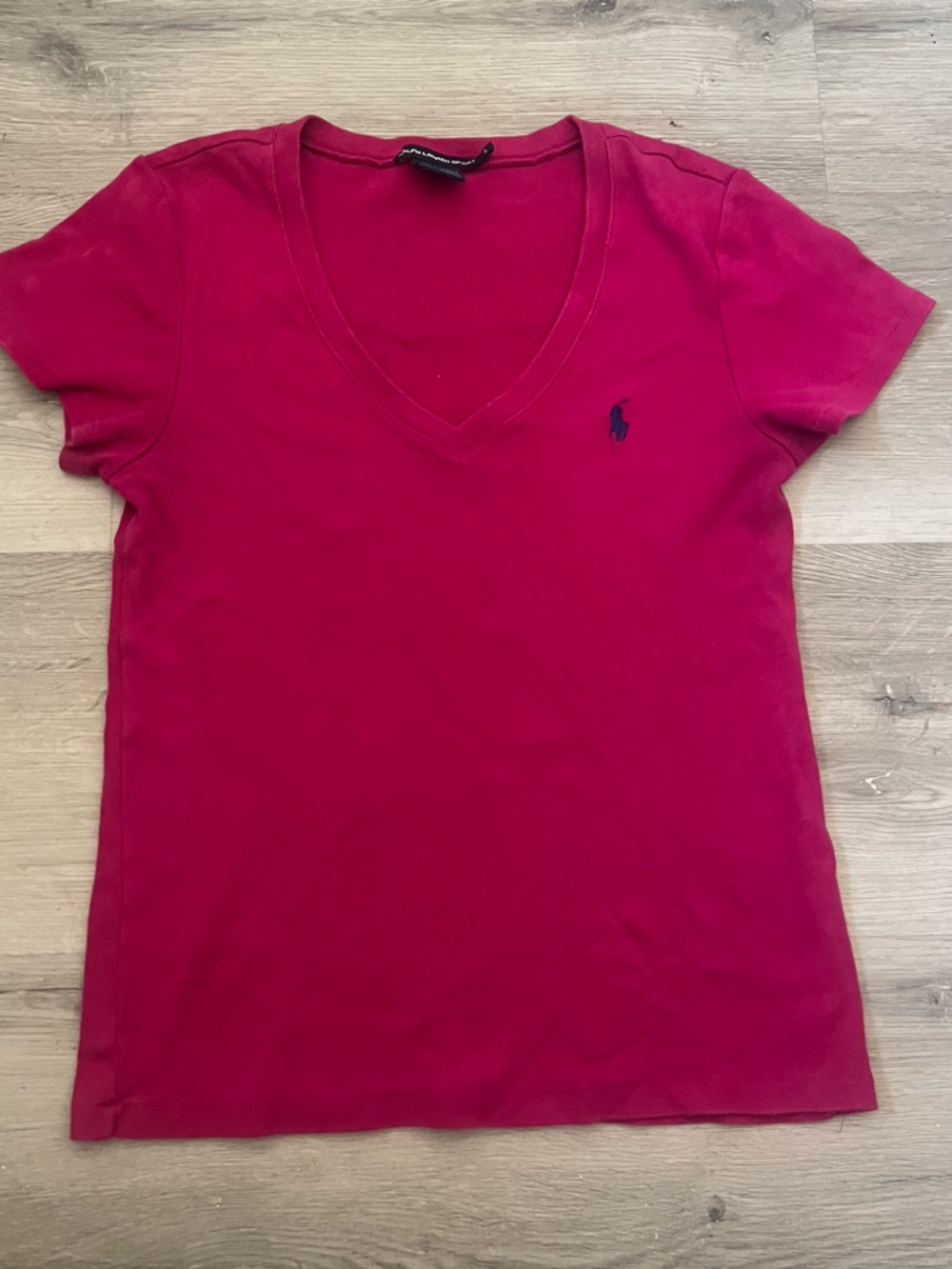 Ralph Lauren Women's V-Neck Polo Tee in Deep Pink with Navy Logo